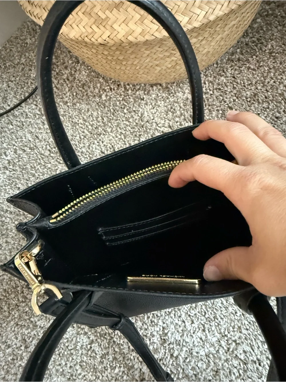 Michael Kors Black Pebbled Satchel with Gold MK Charm